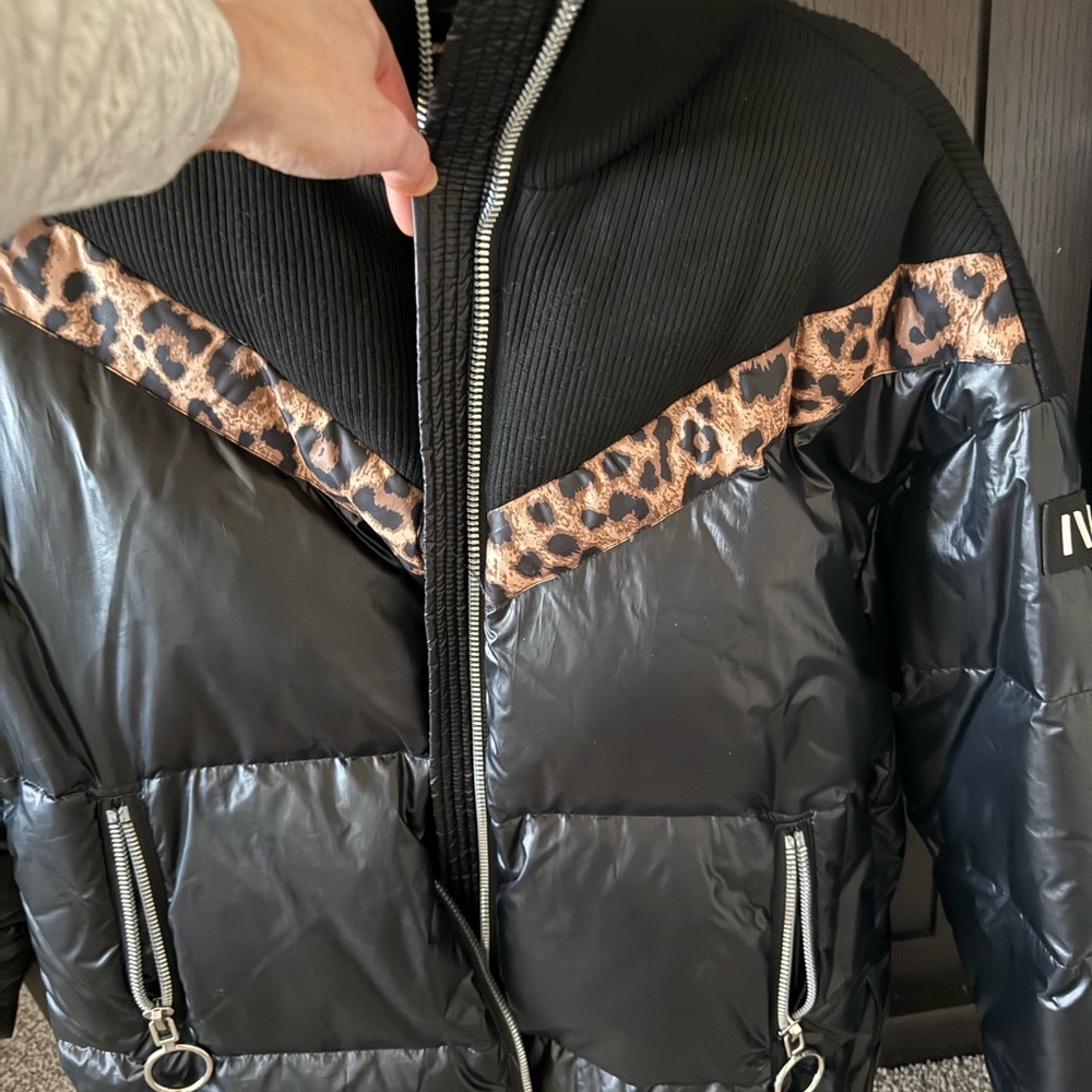 NVLT Black Puffer Jacket with Leopard Accents